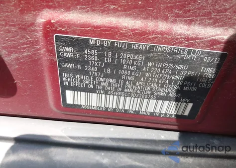 2013 Subaru Outback 2.5I Premium z USA, uszkodzony, nr VIN 4S4BRBCC9D3300765